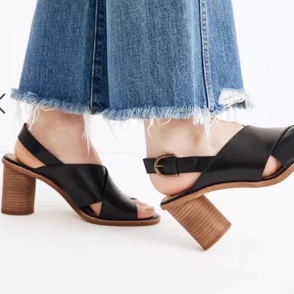 MADEWELL Women’s The Ruthie Crisscross Sandal Leather Black Round Block Heel 6.5